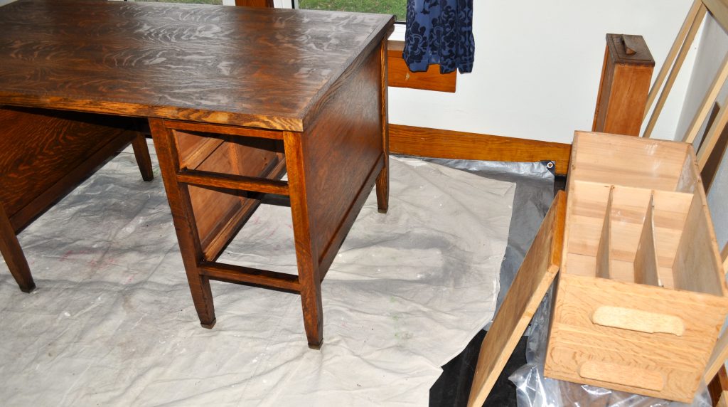 old desk frame stained next to unstained drawer