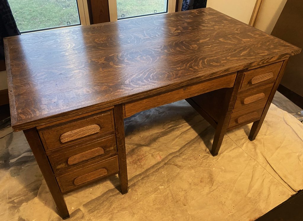 Restored stained and polyurethane wood school desk.