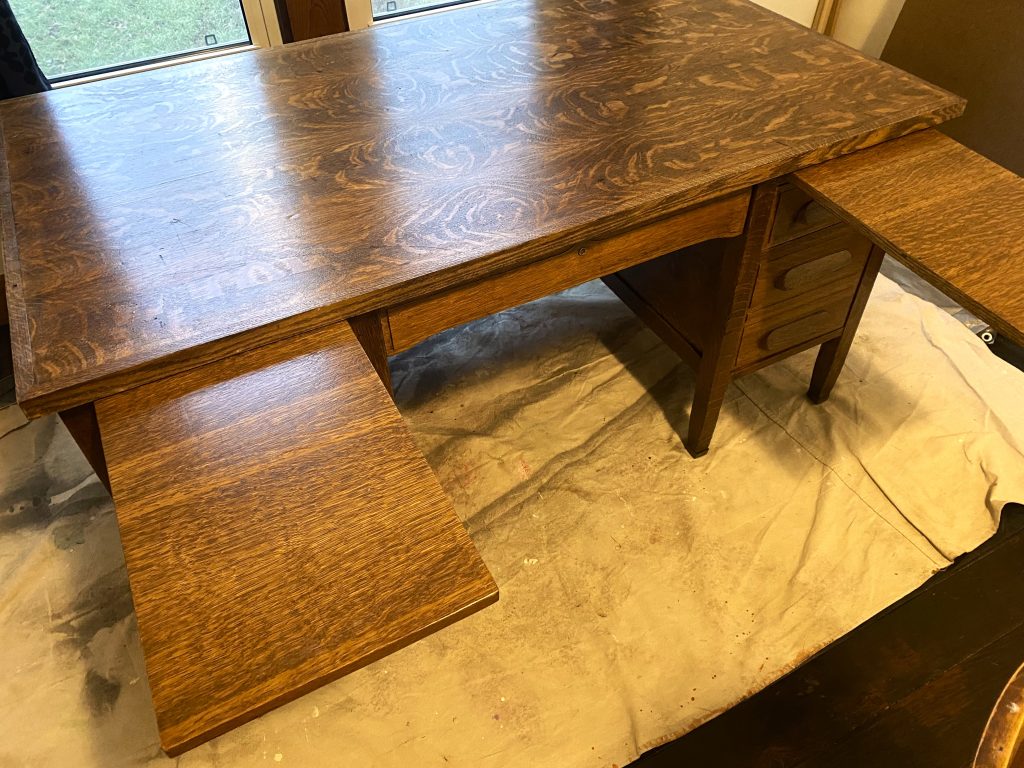refurbished old school desk with side boards pulled out